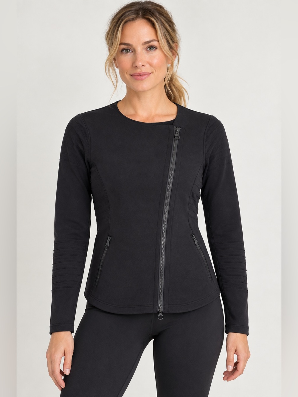 Athleta Black Asymmetrical Zip Moto Athletic Jacket - Medium 19x26